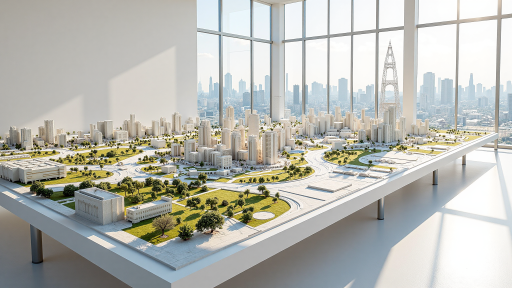 模拟经营游戏界面截图，城市建设，建筑布局，现代化游戏设计，明亮自然光